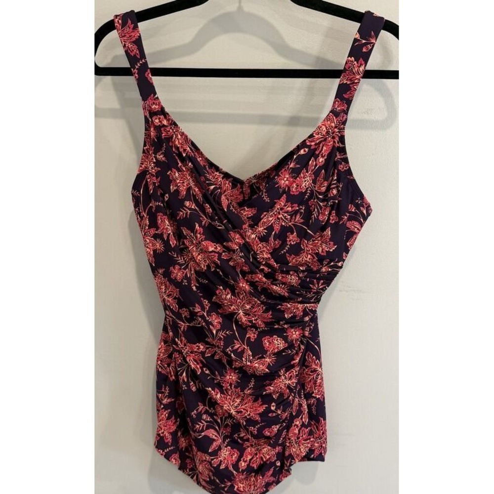 Lands End Womens V Neck Skirted Low Leg One Piece Plum Pink Floral Size 10